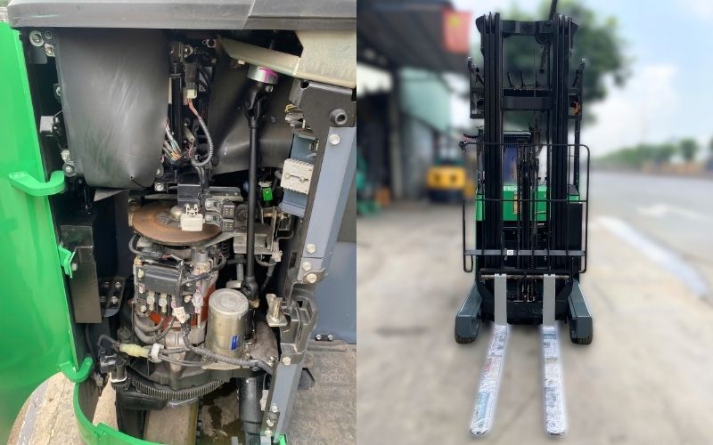 Cận cảnh động cơ và bộ càng xe nâng điện TOYOTA 8FBR18 – vận hành mạnh mẽ, nâng hàng ổn định.