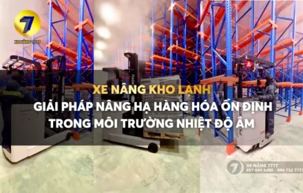 Xe nâng điện đứng kho lạnh.